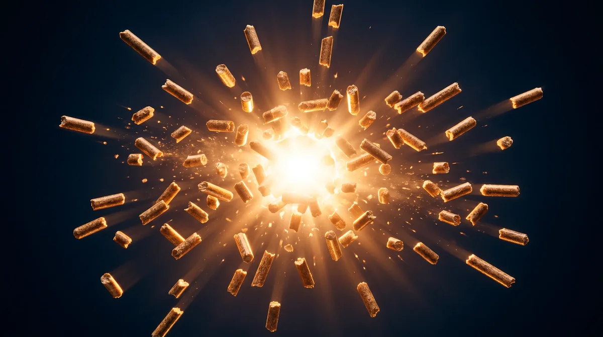 Pellet drzewny ENplus A1 eksplodujący promieniście od świetlistego centrum - wizualna metafora energii cieplnej ukrytej w każdym kilogramie pelletu, ważniejszej niż sama waga tony