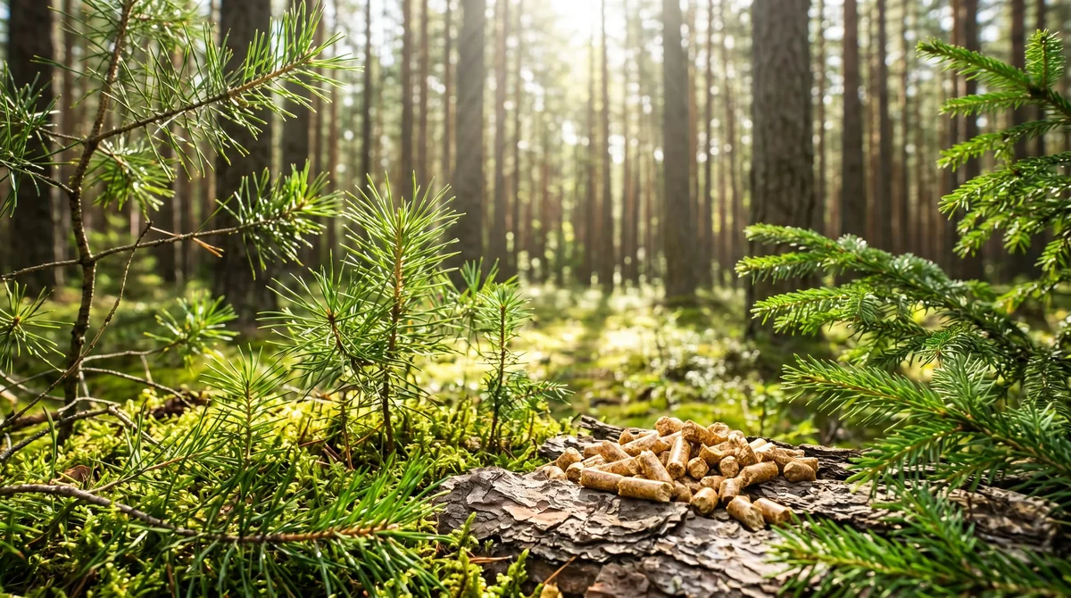 Młode sosnowe sadzonki wyrastające spośród pelletu drzewnego na leśnej ściółce - biomasa z odnawialnego źródła energii