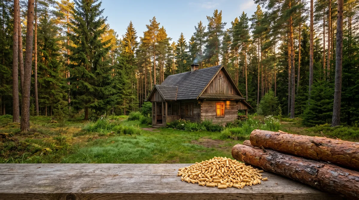 Drewniany dom wśród sosnowego lasu wieczorem z pelletem drzewnym ENplus A1 na pierwszym planie - dofinansowanie kotła na pellet