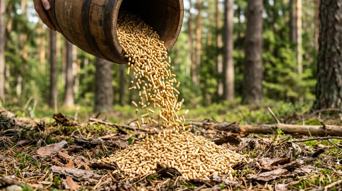 Pellet drzewny ENplus A1 wysypujący się z drewnianej beczki w lesie - wysokiej jakości paliwo do kotła spełniającego wymogi dofinansowania