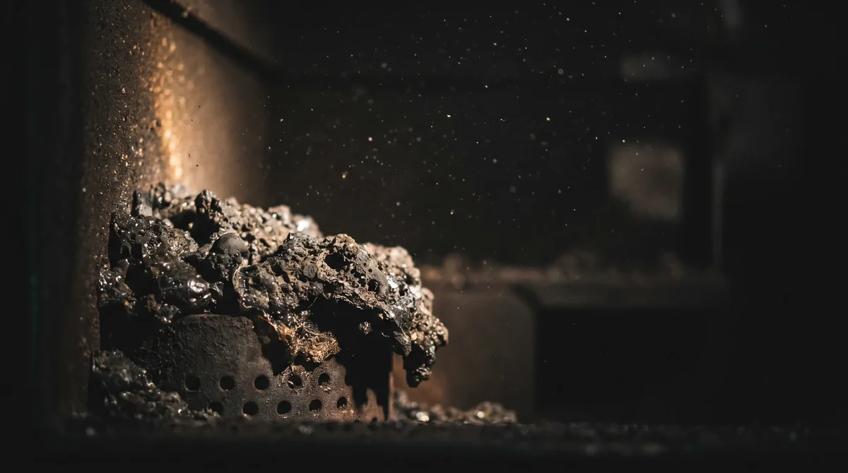 Żużel w garnku spalania kotła pelletowego - spieczone minerały blokujące otwory powietrzne palnika