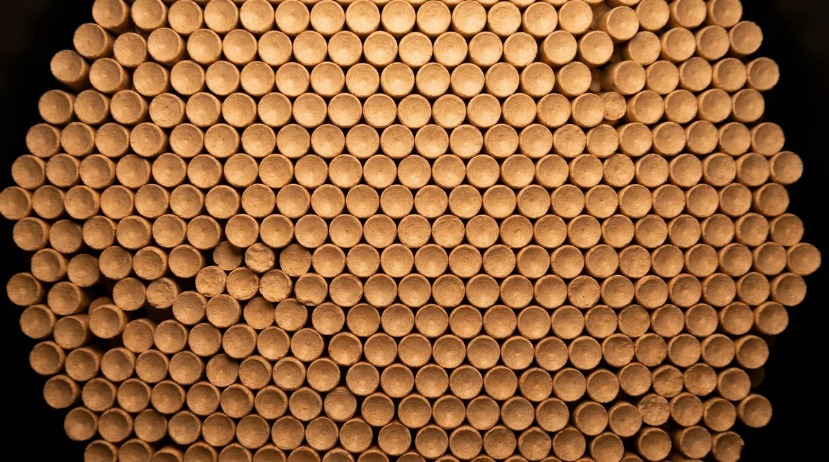 Makro z góry - warstwa małych granulek pelletu drzewnego ENplus A1 - równomierny układ cylindrów 6 mm - magazyn pelletu drzewnego