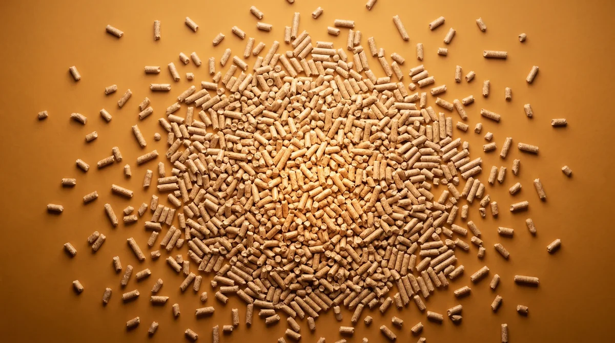 Pellet drzewny ENplus A1 rozłożony od luźnych peryferii do gęstego świetlistego centrum - metafora wielu czynników decydujących o koszcie ogrzewania pelletem, od izolacji po kaloryczność