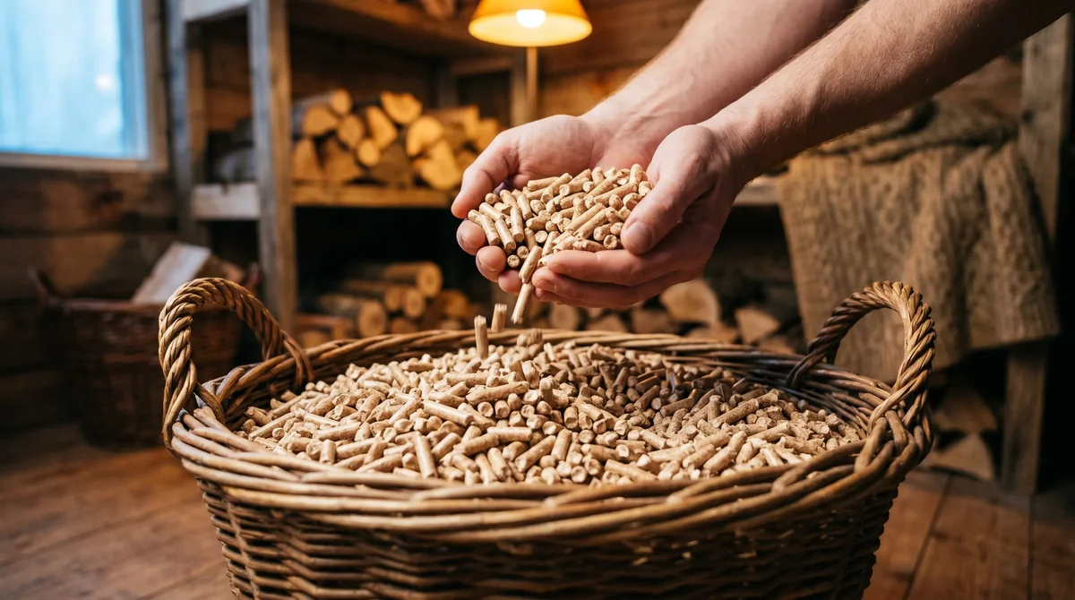 Dłonie trzymające pellet drzewny nad wiklinowym koszem pełnym pelletu ENplus - domowy magazyn opału w ciepłym świetle bursztynowej lampy