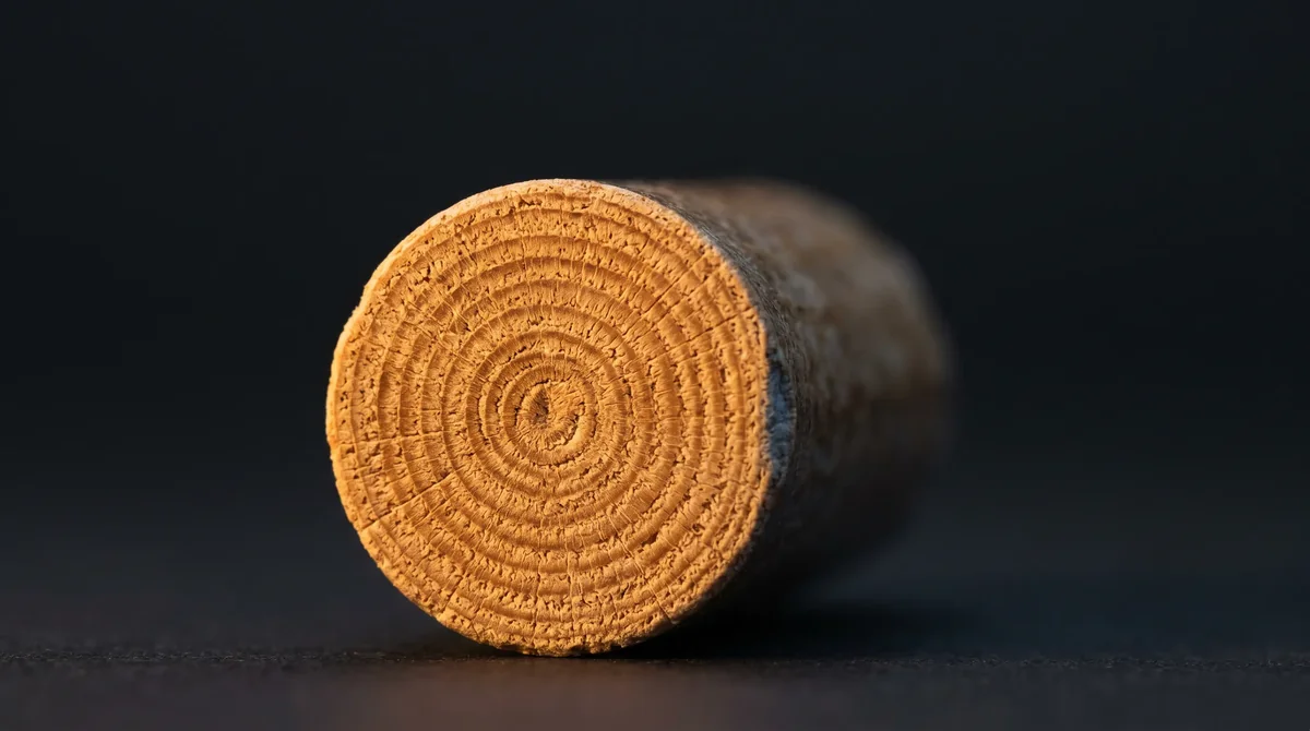 Makro przekrój pelletu drzewnego klasy ENplus A1 - plaski koniec cylindra z koncentrycznymi włóknami bez peckniec, bursztynowa barwa na ciemnym tle, ocena jakości przy zakupie