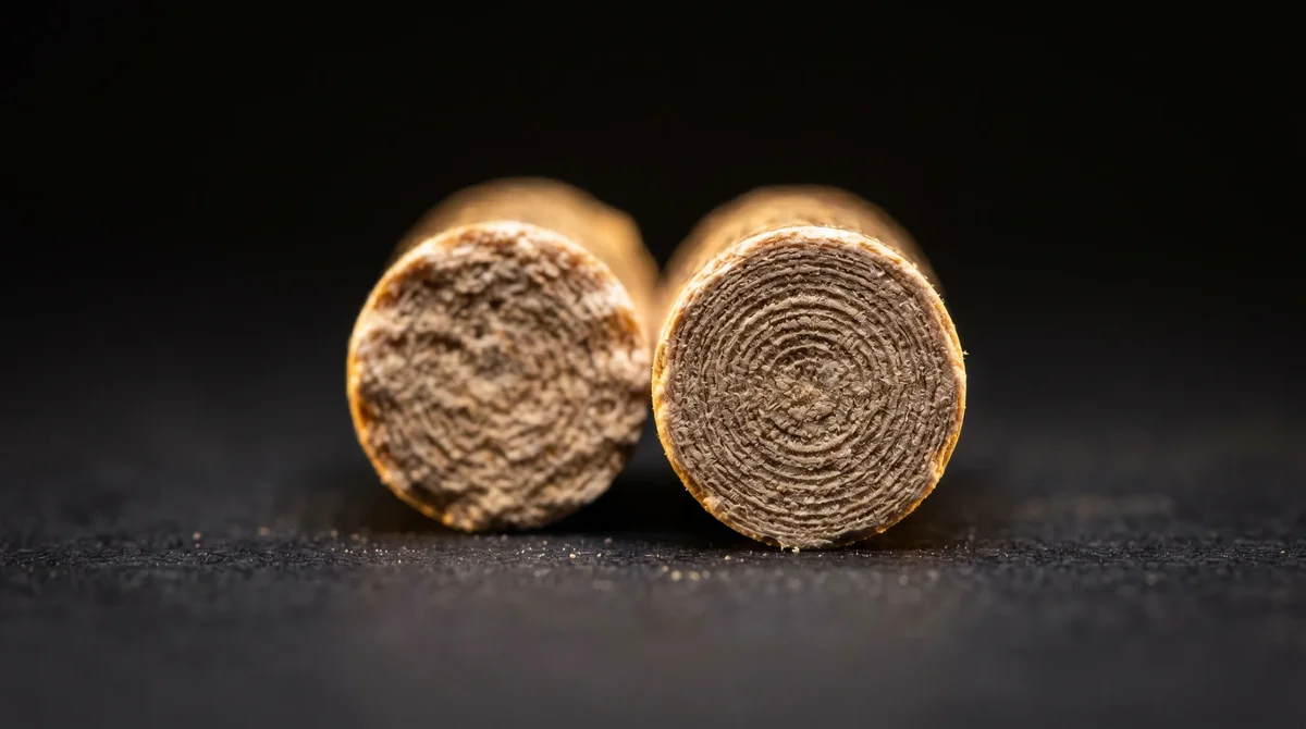 Makro - zbliżenie na końce granulek pelletu drzewnego ENplus A1 - sprasowane trociny w przekroju - element systemu ogrzewania kotłem na pellet