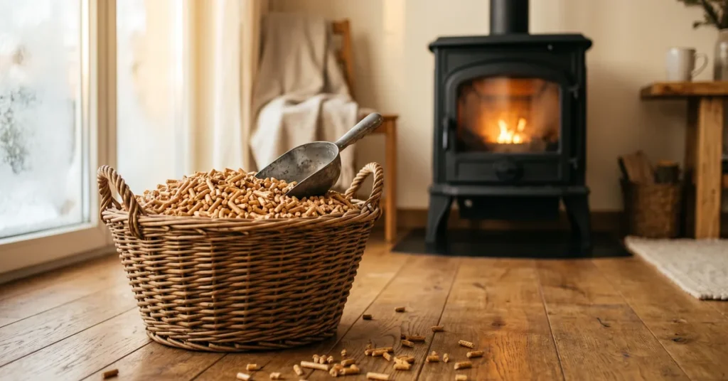 Kosz pelletu drzewnego ENplus A1 przy czarnym piecyku na pellet - ciepły salon zimą, naturalna jakość pelletu