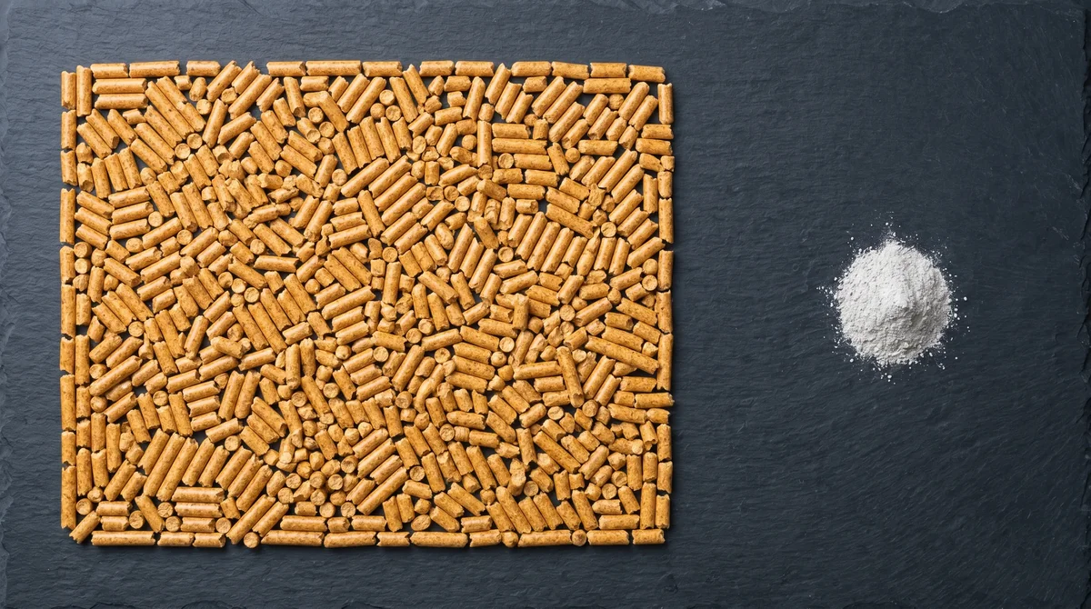 Pellet drzewny ENplus A1 w prostokątnym układzie obok małej sterty jasno-szarego popiołu na ciemnym łupku - niska zawartość popiołu DINplus - ujęcie flat-lay z góry