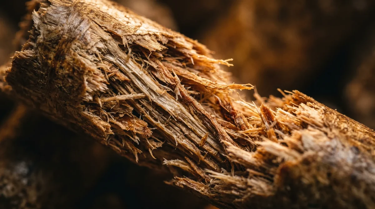 Makro włókna drewniane sprasowanego pelletu drzewnego klasy A1 - surowa struktura przy krawędzi pekniecia, widoczny kierunek włókien, bursztynowe tony na ciemnym tle