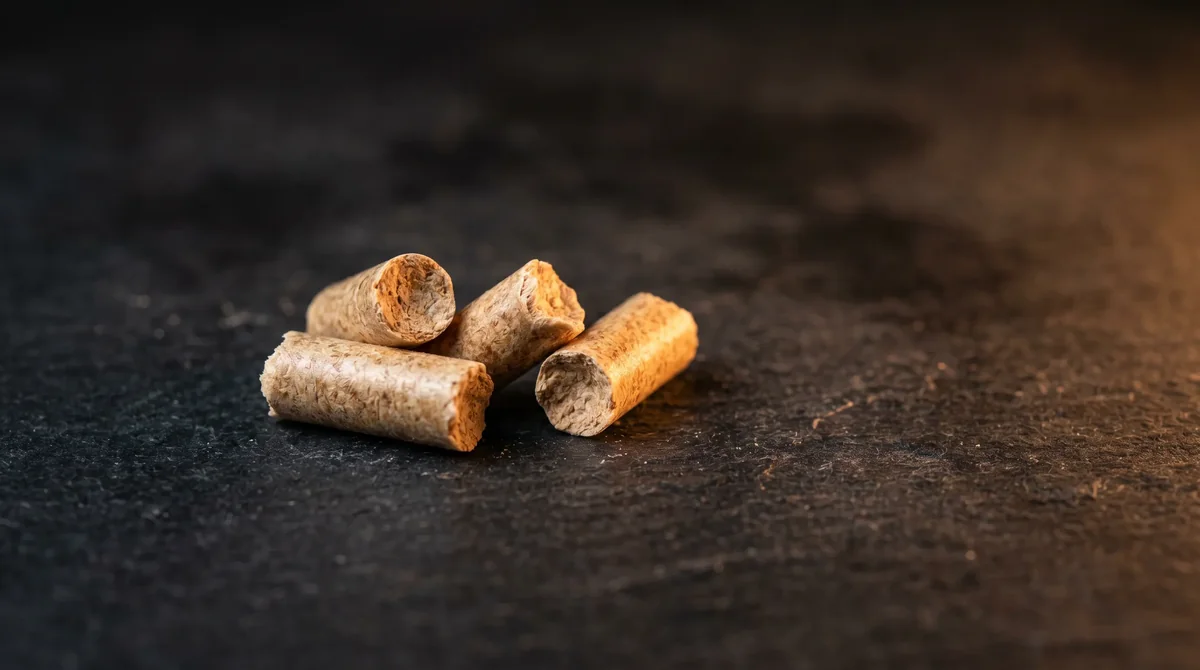 Makro - granulki pelletu drzewnego ENplus A1 na ciemnej kamiennej powierzchni - ciepło pelletu w domu - wybór ogrzewania pelletem drzewnym