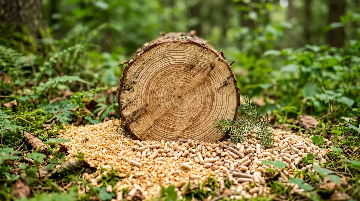 Przekrój pnia sosnowego z widocznymi słojami wśród pelletu drzewnego na leśnej ściółce - biomasa jako odnawialne źródło energii