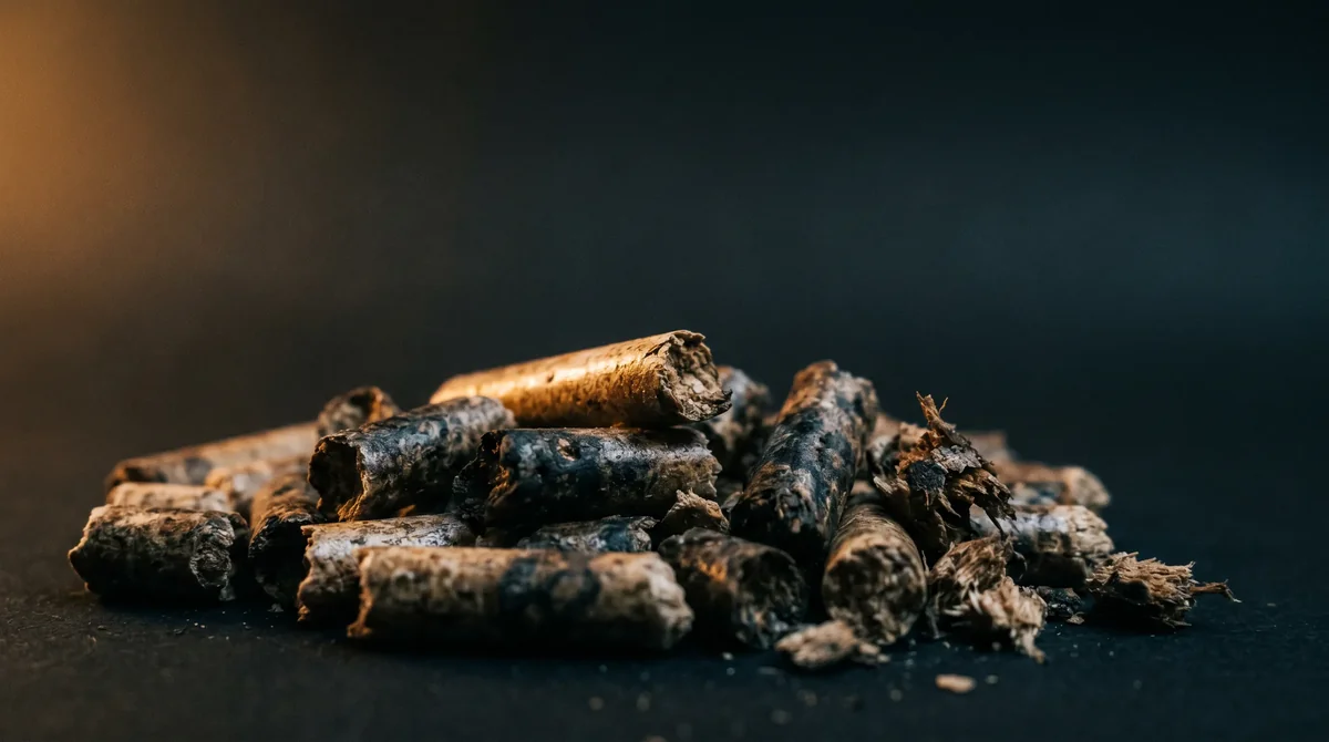 Zawilgocony pellet drzewny - ciemne przebarwienia i kruszące się granulki jako oznaki uszkodzenia przez wilgoć