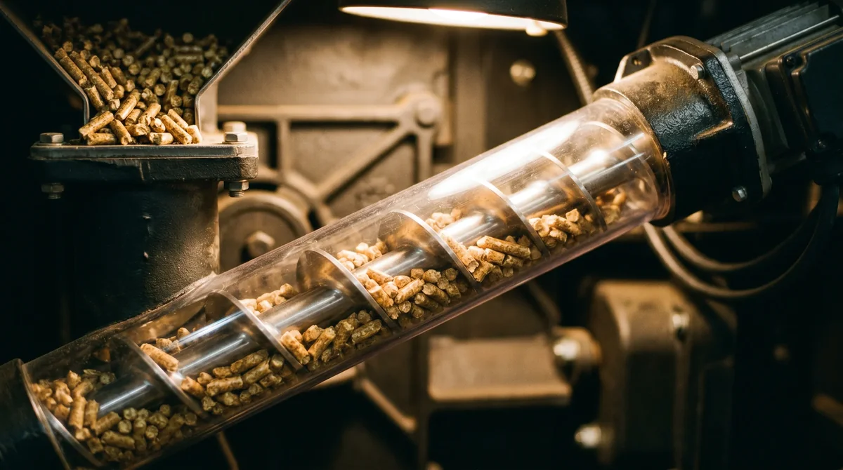 Podajnik ślimakowy kotła na pellet drzewny - granulki pelletu ENplus A1 transportowane spiralą ślimaka z zasobnika do palnika automatycznego kotła pelletowego