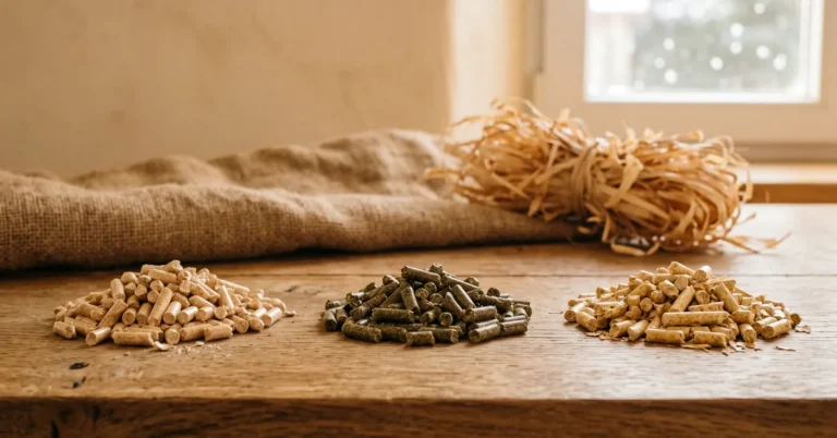 Porownanie trzech rodzajow pelletu - drzewnego, agro i slomianego - na drewnianym blacie