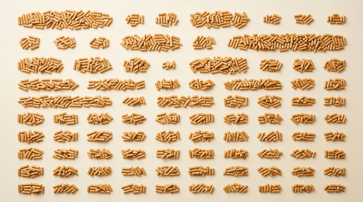 Pellet drzewny ENplus ułożony w równe poziome rzędy klastrów na kremowym tle - wizualna analogia tabeli alfabetycznej słownika pojęć o pellecie