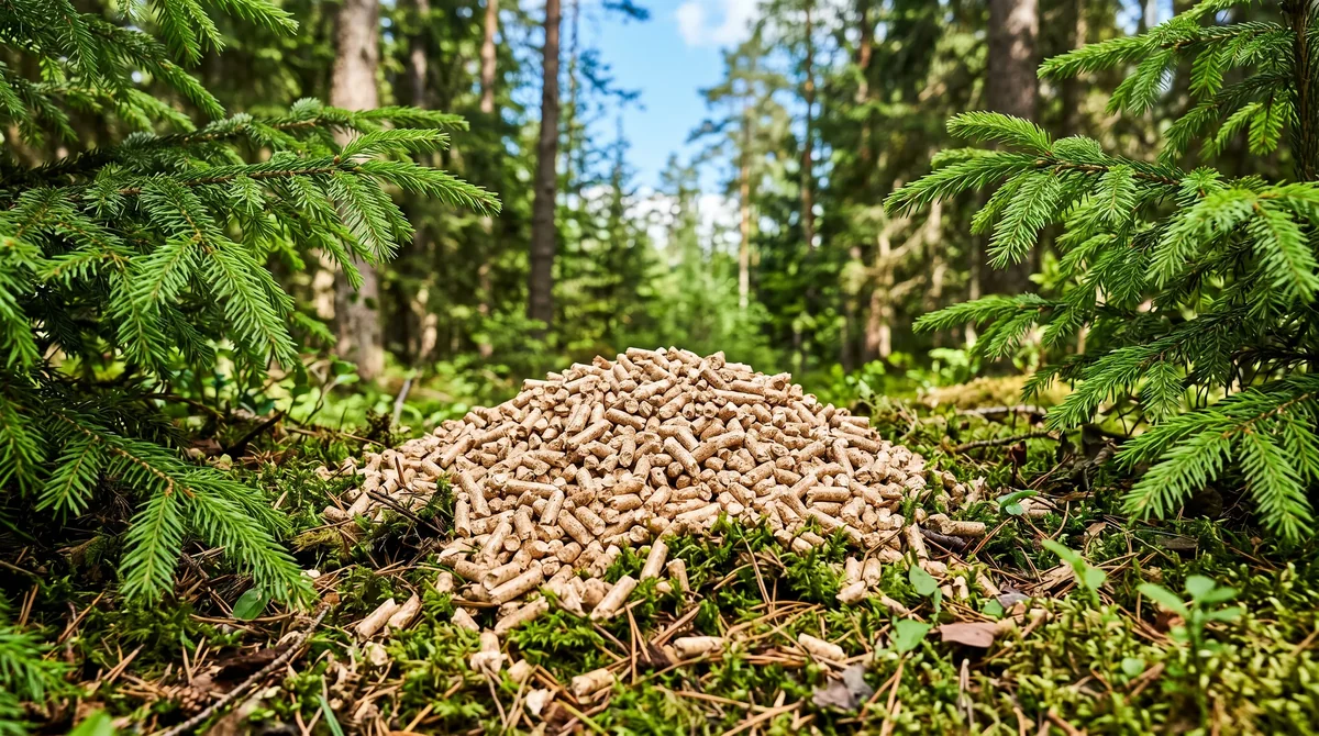 Pellet drzewny ENplus A1 na mchu leśnym z gałązkami świerka i błękitnym niebem - paliwo zgodne z uchwałą antysmogową opolską