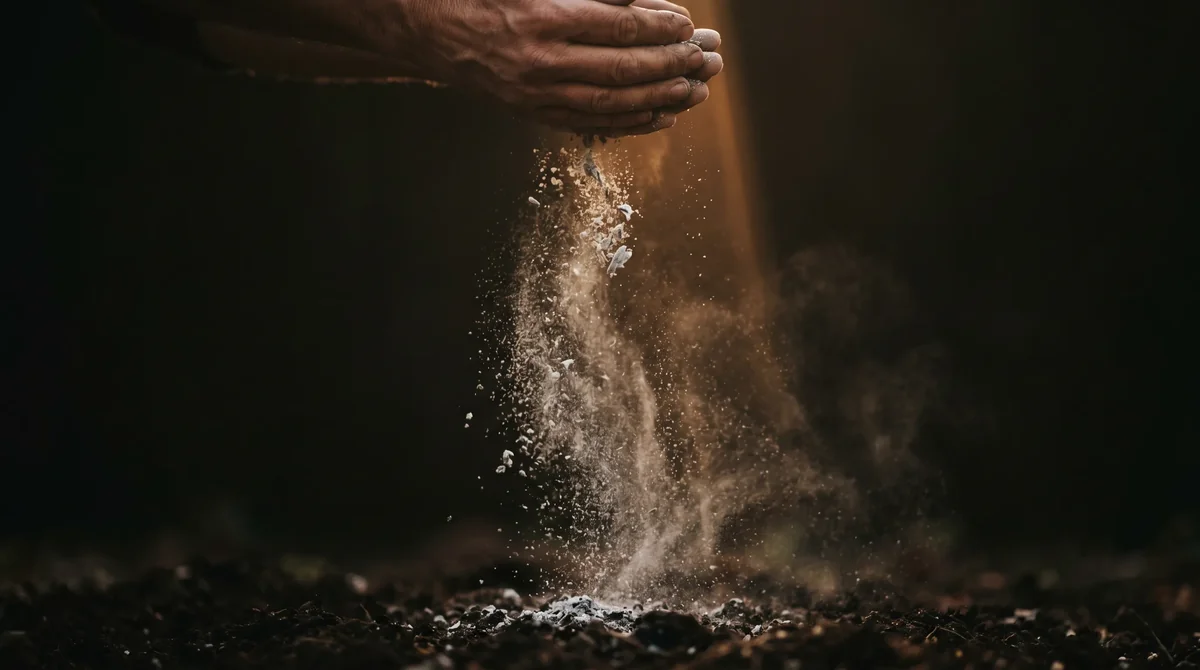 Popiół z pelletu drzewnego rozsypywany na ciemną glebę ogrodową - naturalny nawóz z kotła na pellet ENplus A1 bogaty w wapń i potas